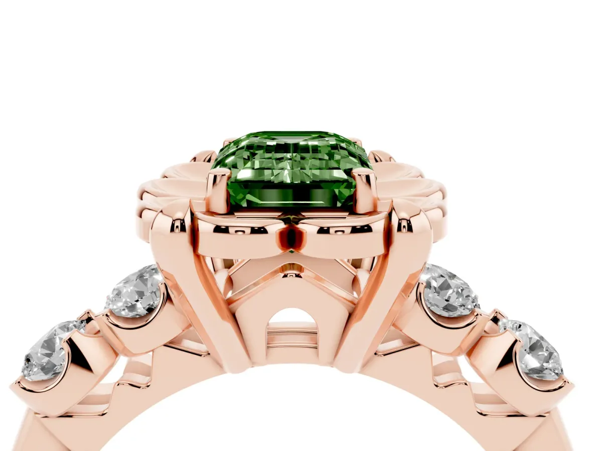 Fancy Green Emerald Cut Cut Diamond Floral Halo Engagement Ring with Shared Prong Setting Rose gold