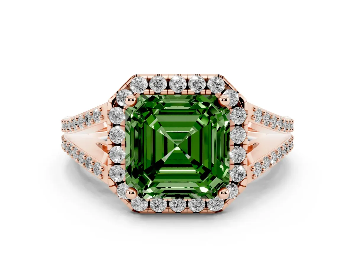 Fancy Green Asscher Cut Halo Split Shank Diamond Ring with Prong Setting Rose gold