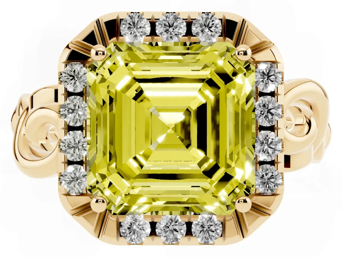 Fancy Yellow Asscher Cut Cut Halo Diamond Ring with Scrollwork Band and Four-Prong Setting Yellow gold