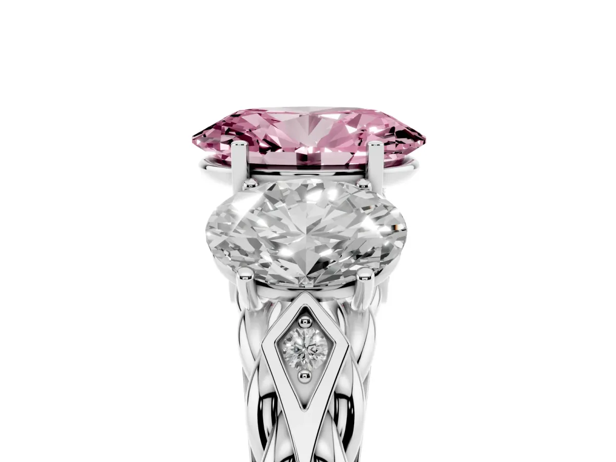 Fancy Pink Three-Stone Oval Cut Diamond Braided Band Ring with Four-Prong Setting White gold