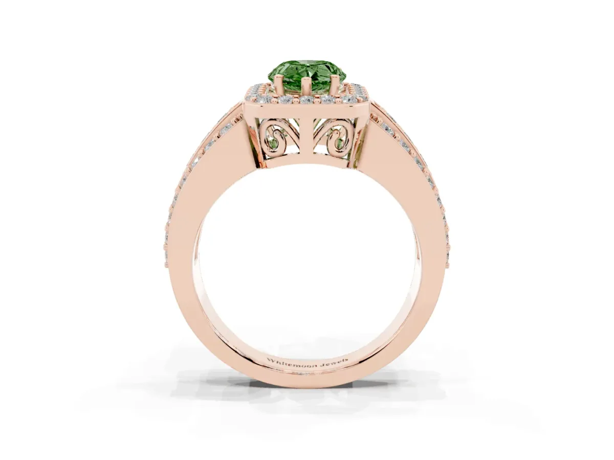 Fancy Green Pear Cut Halo Diamond Ring with Round Split Shank and Prong Setting Rose gold