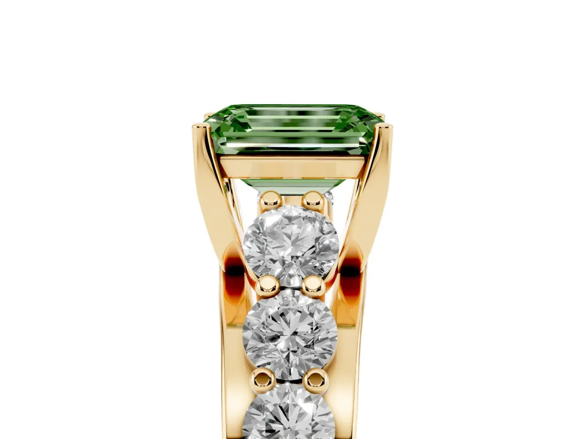 Fancy Green Emerald Cut Diamond Engagement Ring with Pavé Band and Four-Prong Setting Yellow gold