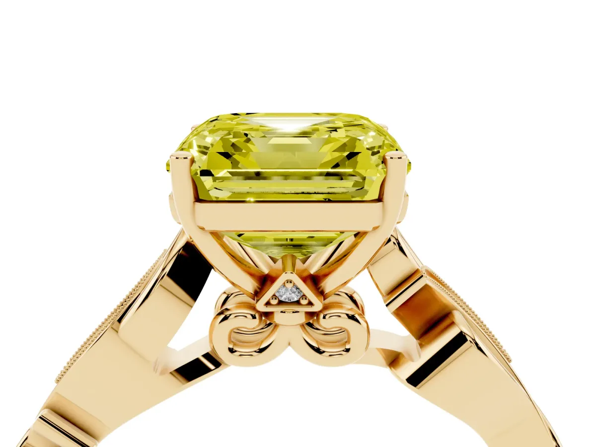 Fancy Yellow Asscher Cut Solitaire Vine Band with Milgrain Prong Setting Yellow gold