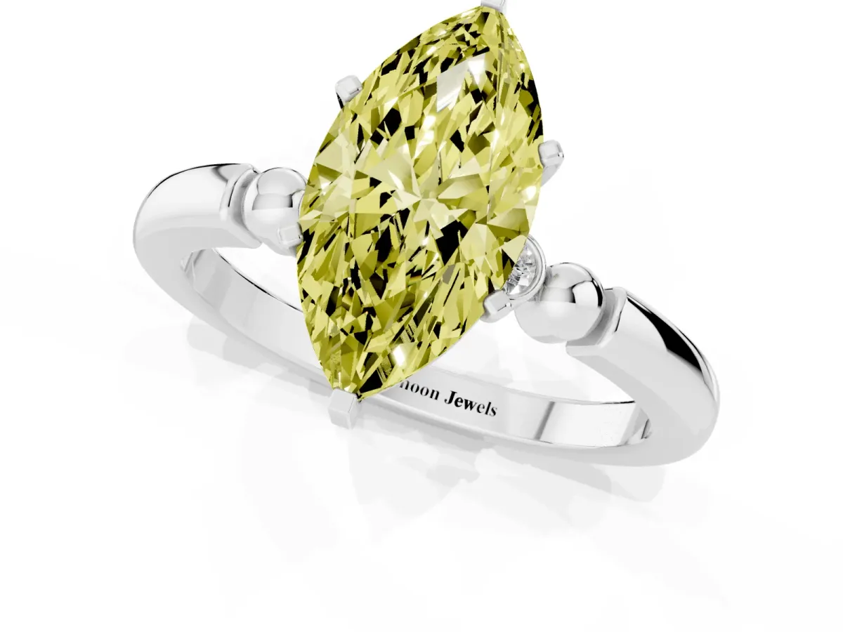 Fancy Yellow Marquise Cut Solitaire Beaded Band with Four-Prong Setting Silver