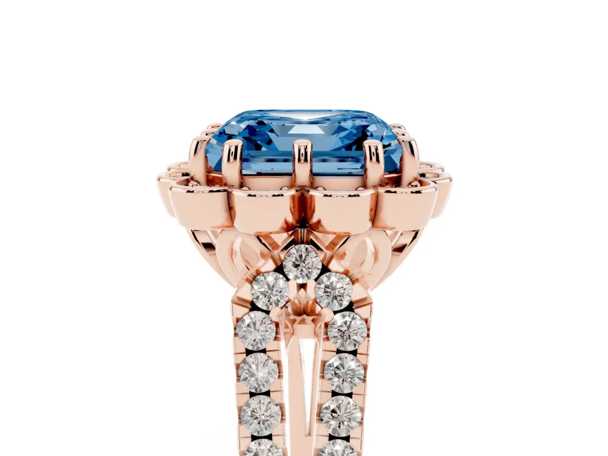 Fancy Blue Asscher Cut Halo Diamond Floral Split Shank Engagement Ring Rose gold
