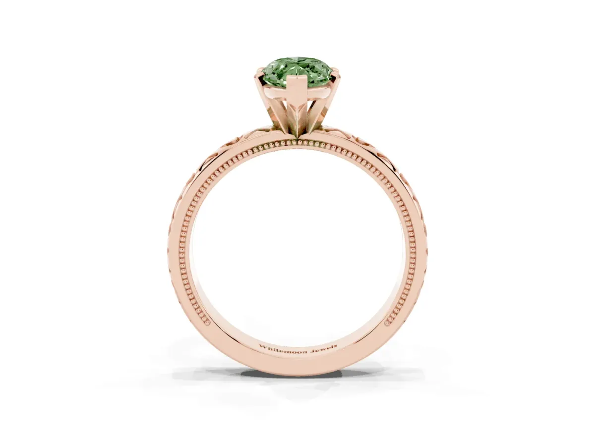 Fancy Green Marquise Cut Solitaire Diamond Engagement Ring with XO Engraved Band and Four-Prong Setting Rose gold
