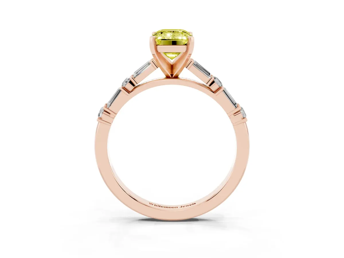 Fancy Yellow Emerald Cut Diamond Solitaire with Side Baguettes and Channel Set Band Rose gold