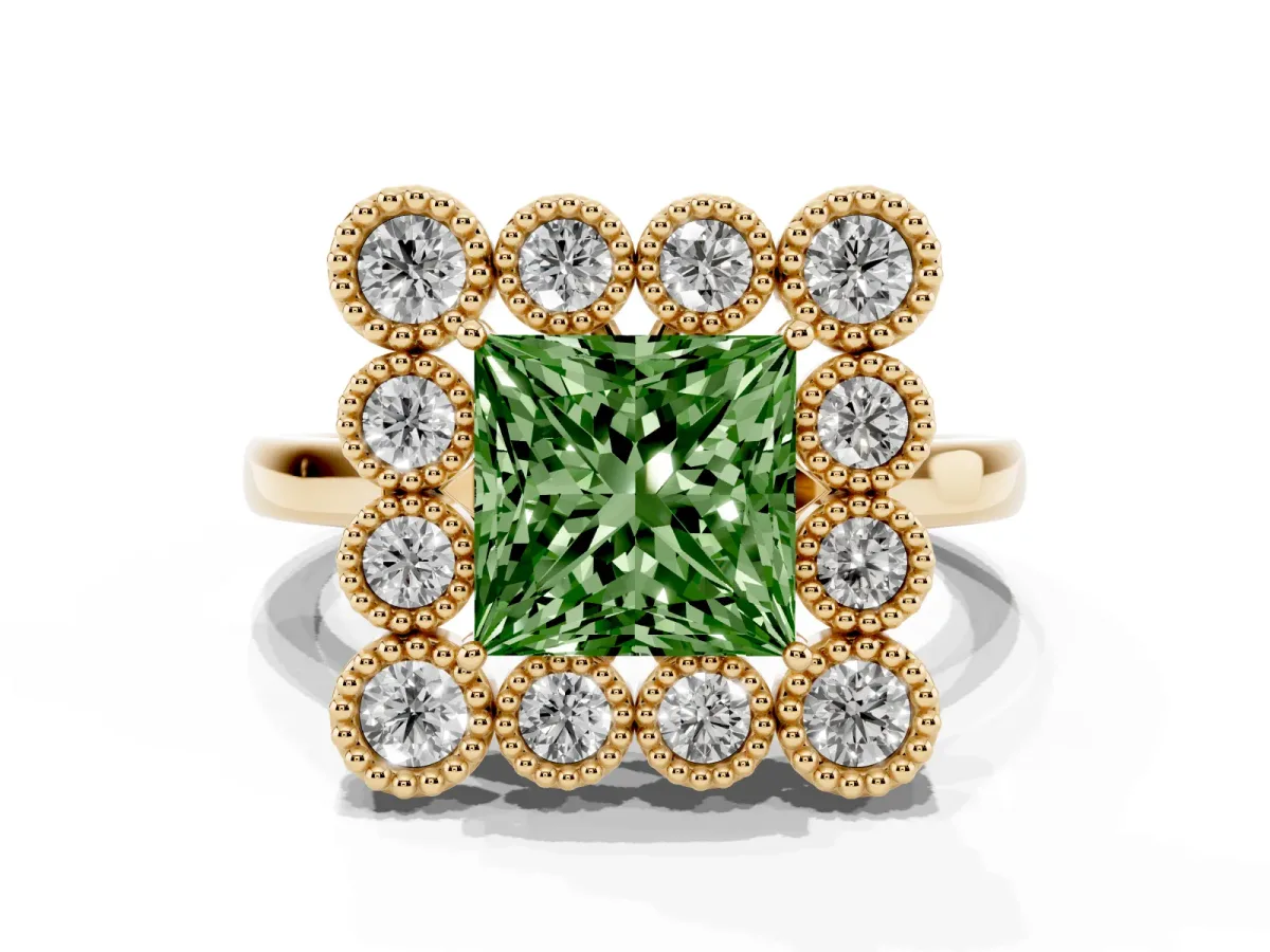 Fancy Green Princess Cut Halo Diamond Cluster Engagement Ring with Milgrain Bezel Setting and Solitaire Band Yellow gold