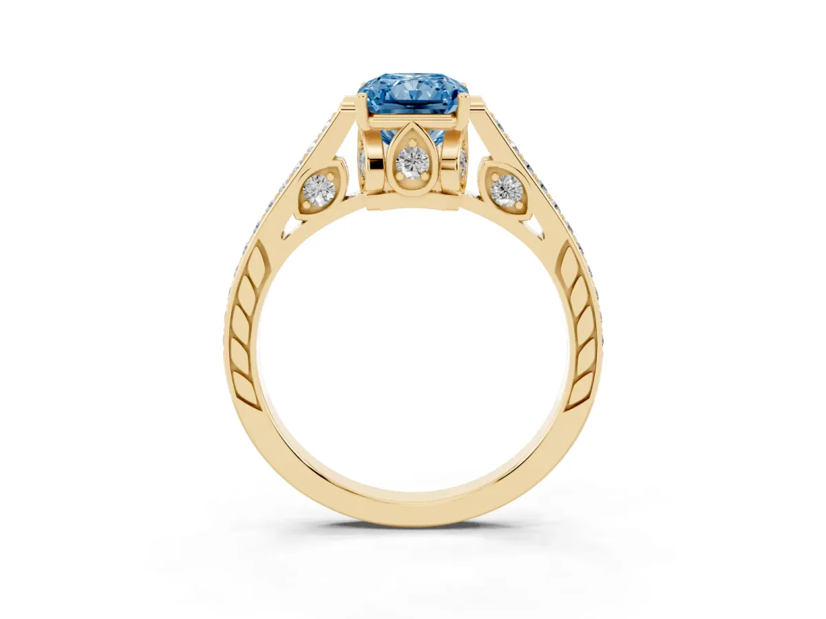 Fancy Blue Radiant Cut Cut Cathedral Pave Diamond Engagement Ring with Six-Prong Setting Yellow gold