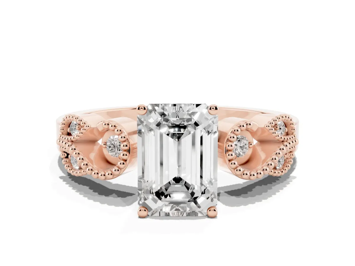 Emerald Cut Solitaire Milgrain Leaf Band with Prong Setting Rose gold
