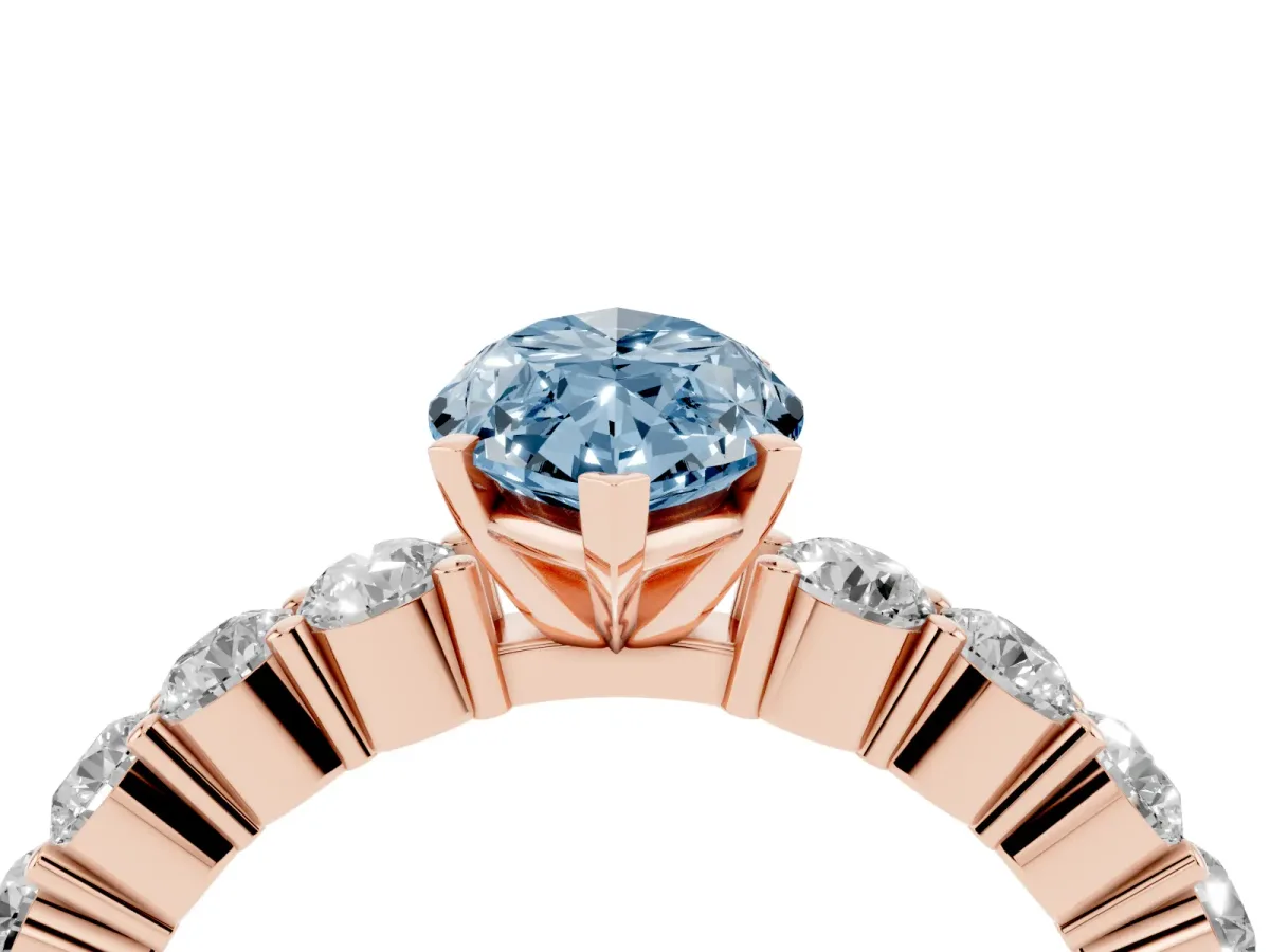 Fancy Blue Marquise Cut Diamond Solitaire Ring with Shared Prong Round Side Stones Rose gold