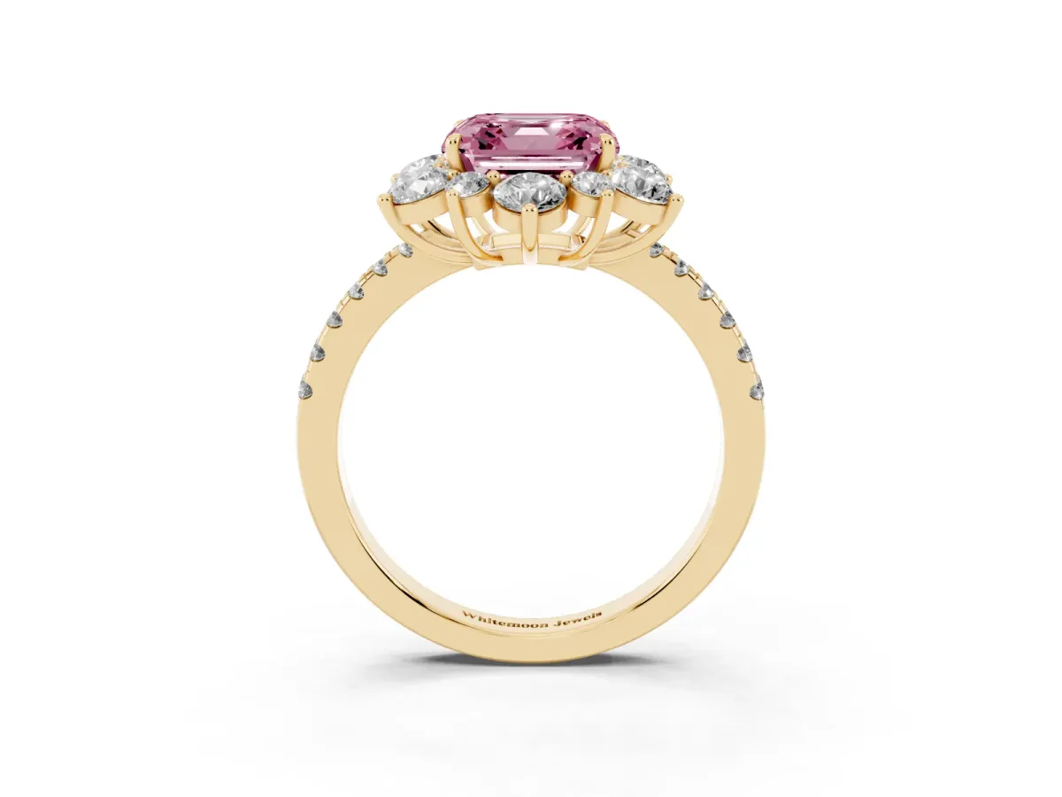 Fancy Pink Asscher Cut Diamond Floral Halo Ring with Round Pavé Band and Prong Setting Yellow gold