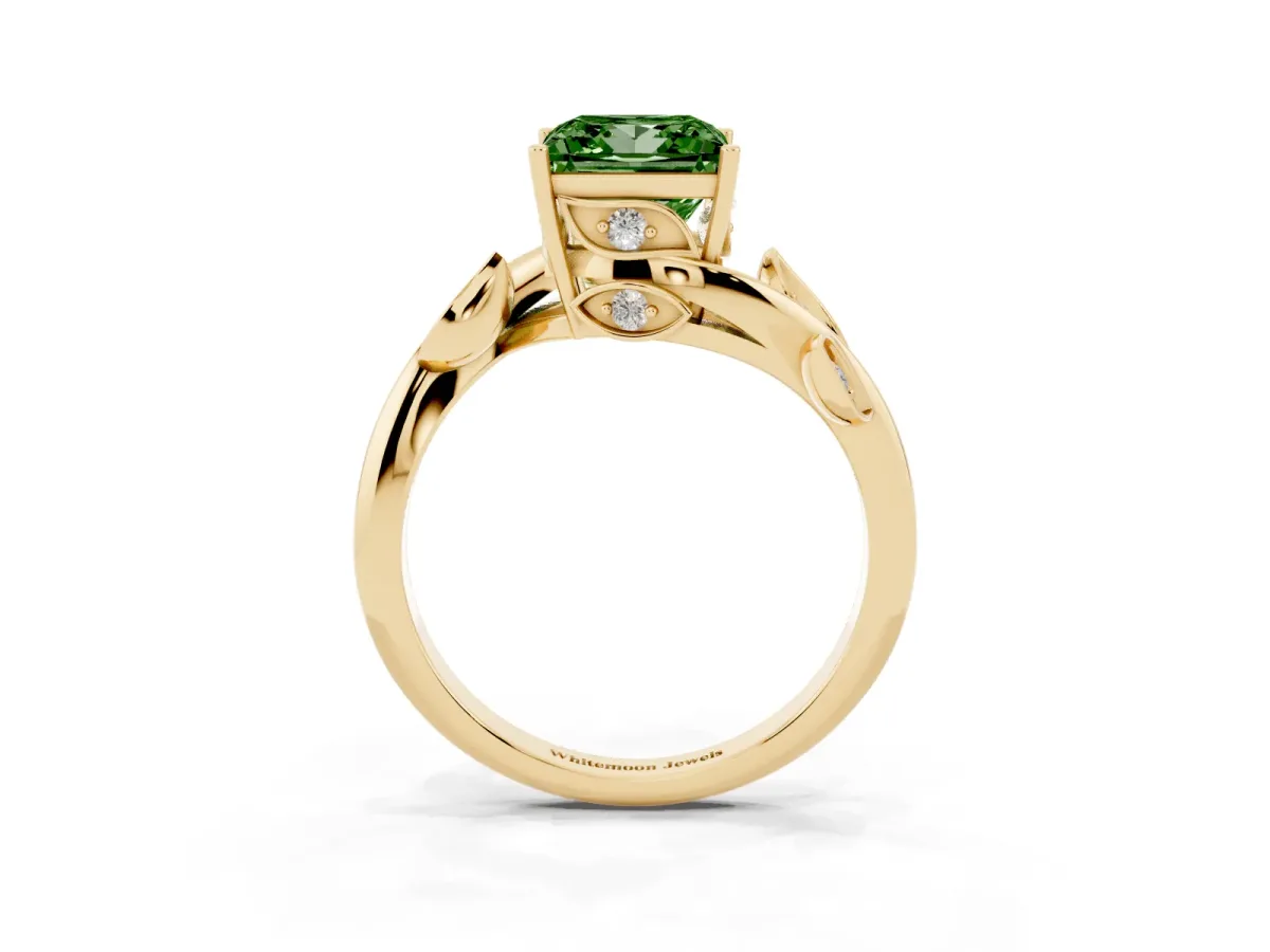 Fancy Green Princess Cut Solitaire Twist Engagement Ring with Leaf Accents and Prong Setting Yellow gold