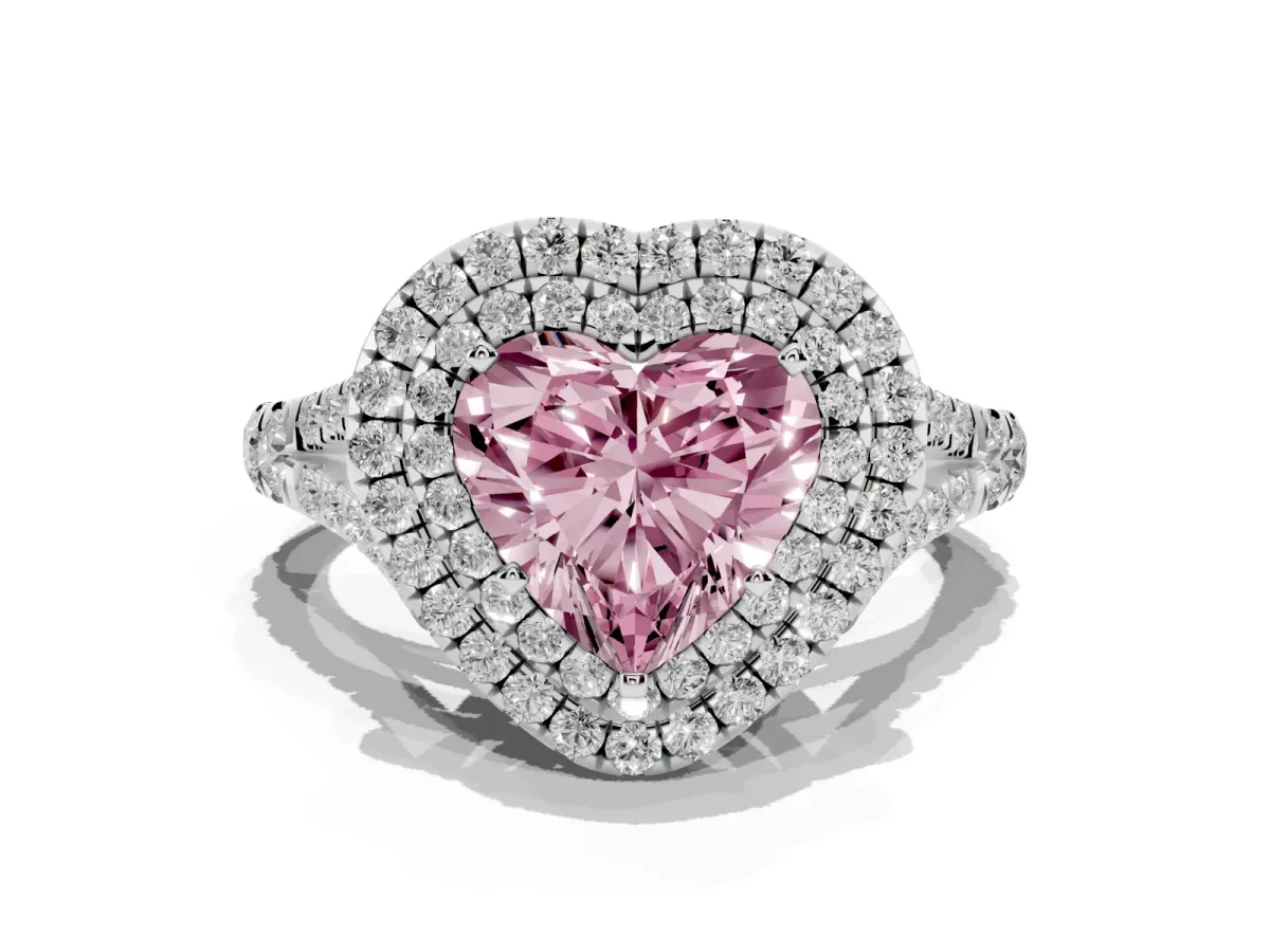 Fancy Pink Double Halo Heart Cut Diamond Split Shank Engagement Ring with Four-Prong Setting Silver