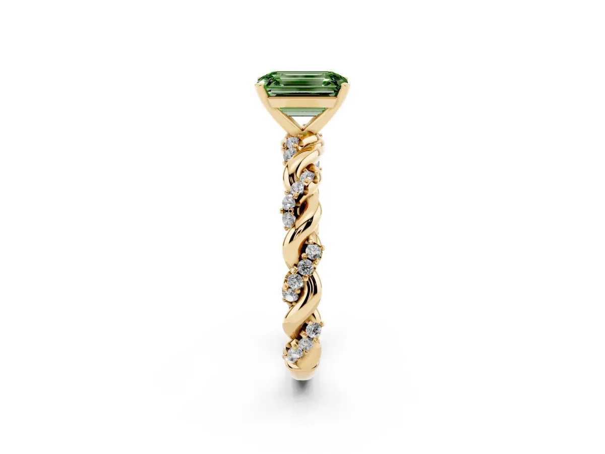 Fancy Green Emerald Cut Diamond Solitaire Ring with Twisted Band and Pavé Accents Yellow gold