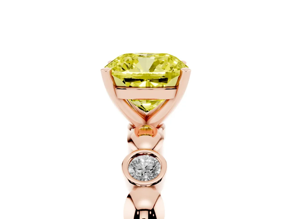 Fancy Yellow Cushion Cut Solitaire Bezel-Set Diamond Ring with Beaded Band and Four-Prong Setting Rose gold