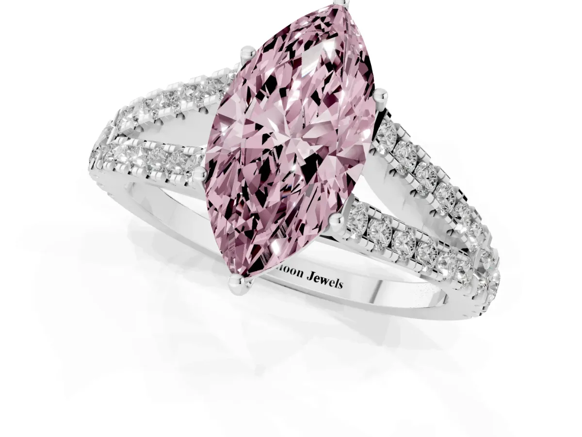 Fancy Pink Marquise Cut Diamond Split Shank Engagement Ring with Round Pavé and Prong Setting Silver
