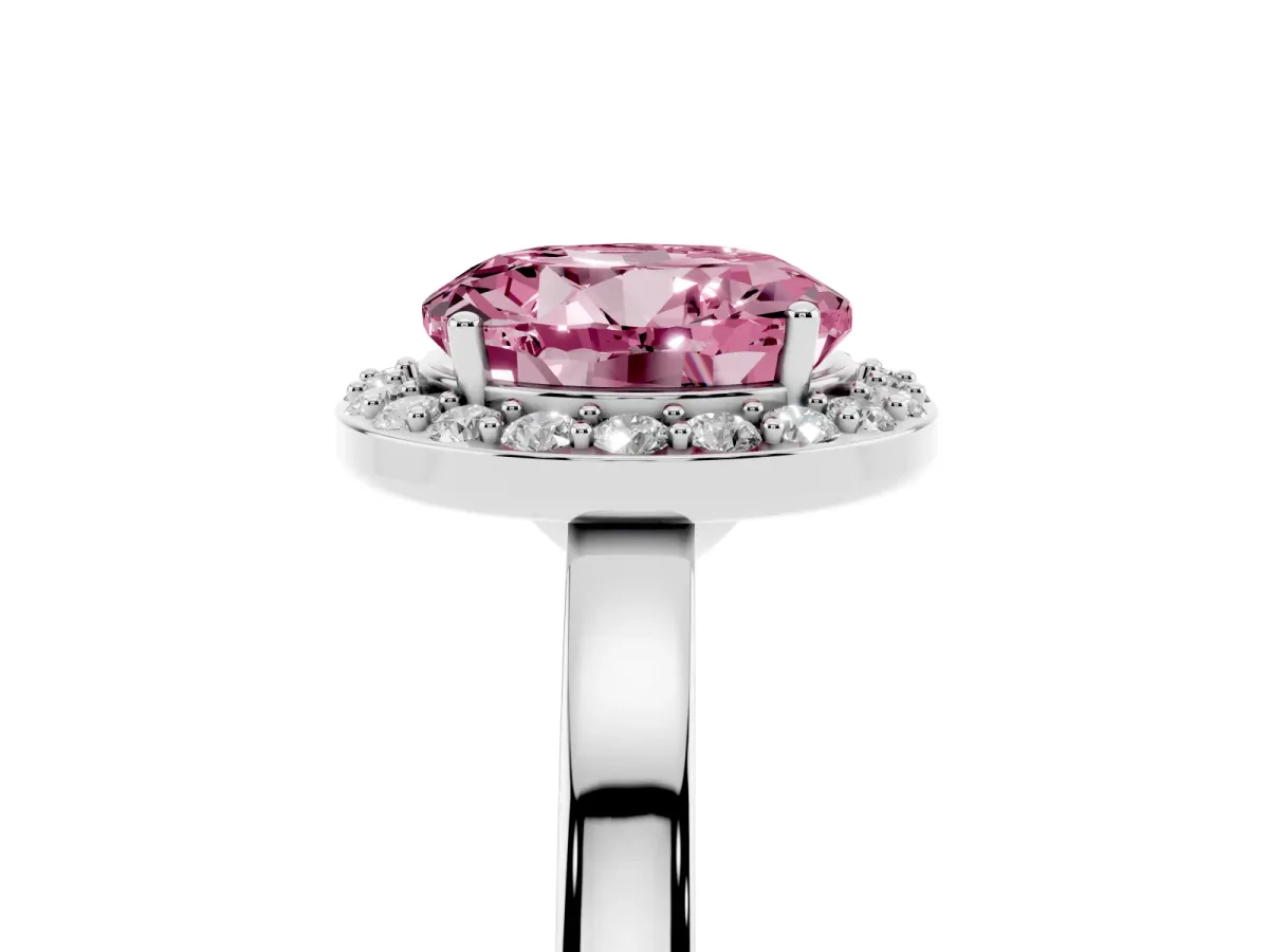 Fancy Pink Round Cut Halo Diamond Ring with Solitaire Band and Prong Setting Platinum