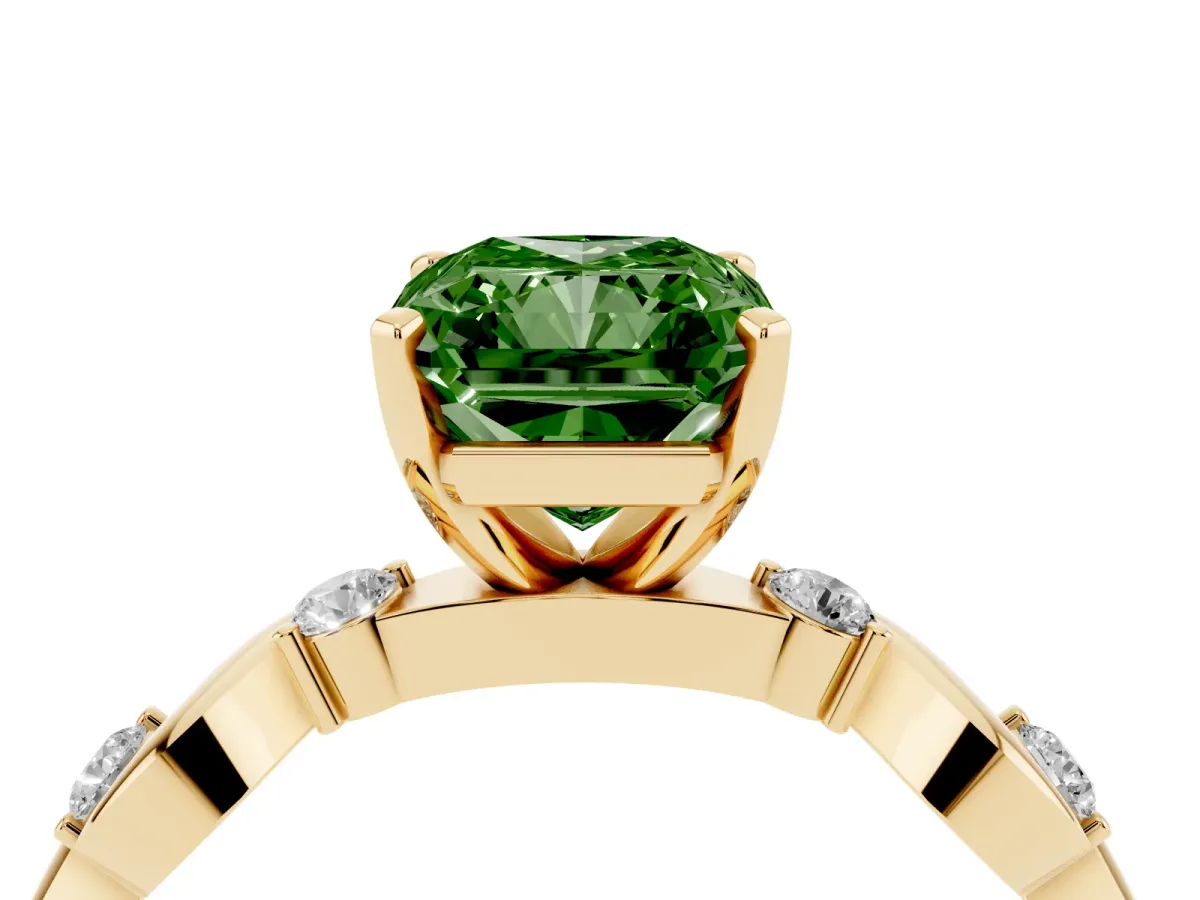 Fancy Green Radiant Cut Diamond Solitaire Twisted Band with Round Accents and Prong Setting Yellow gold