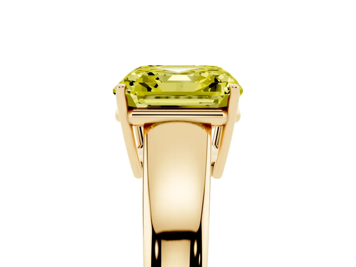 Fancy Yellow Asscher Cut Solitaire Diamond Ring with Tapered Band and Four-Prong Setting Yellow gold