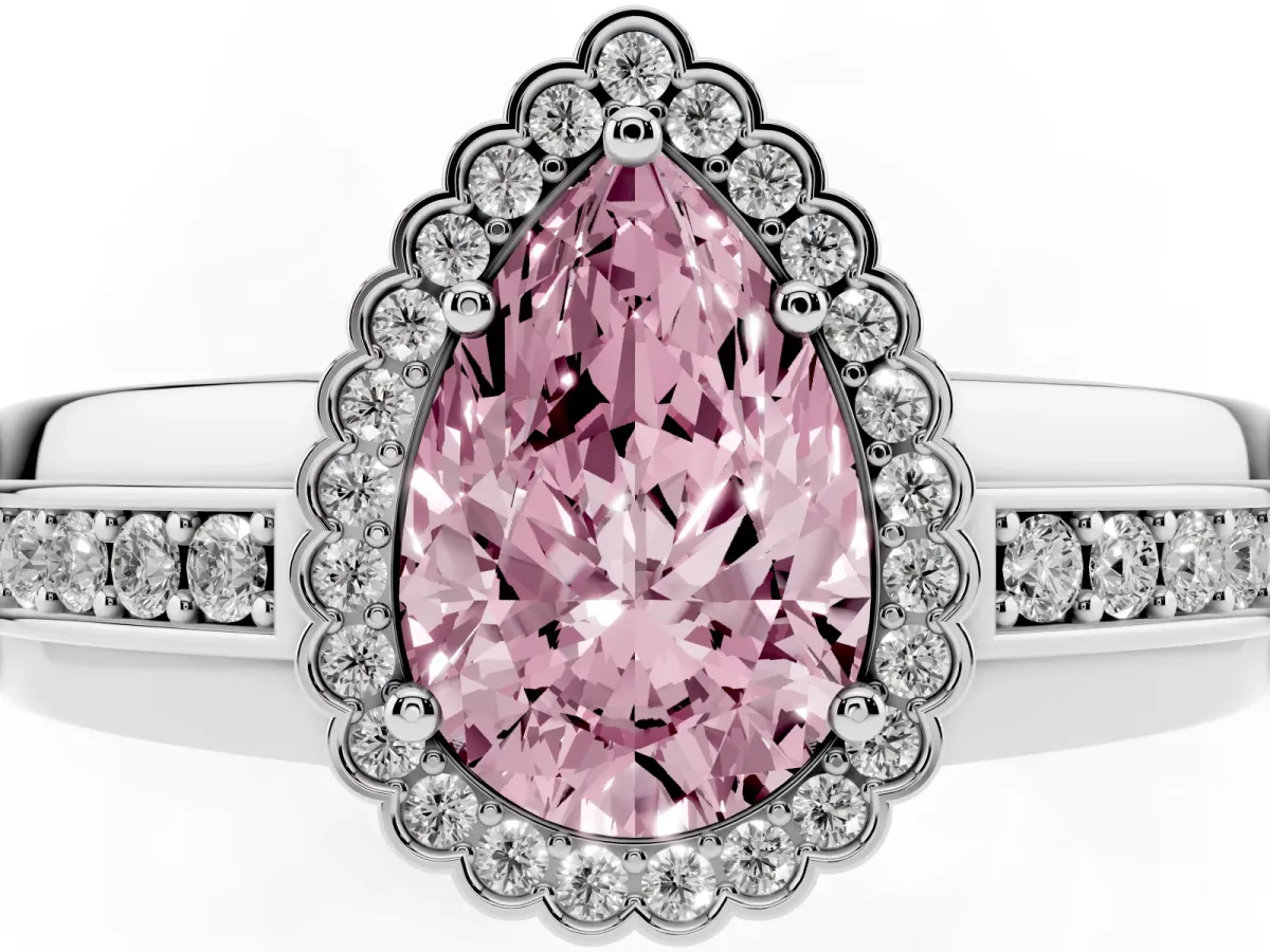 Fancy Pink Pear Cut Cut Halo Pave Band Four-Prong Ring Silver