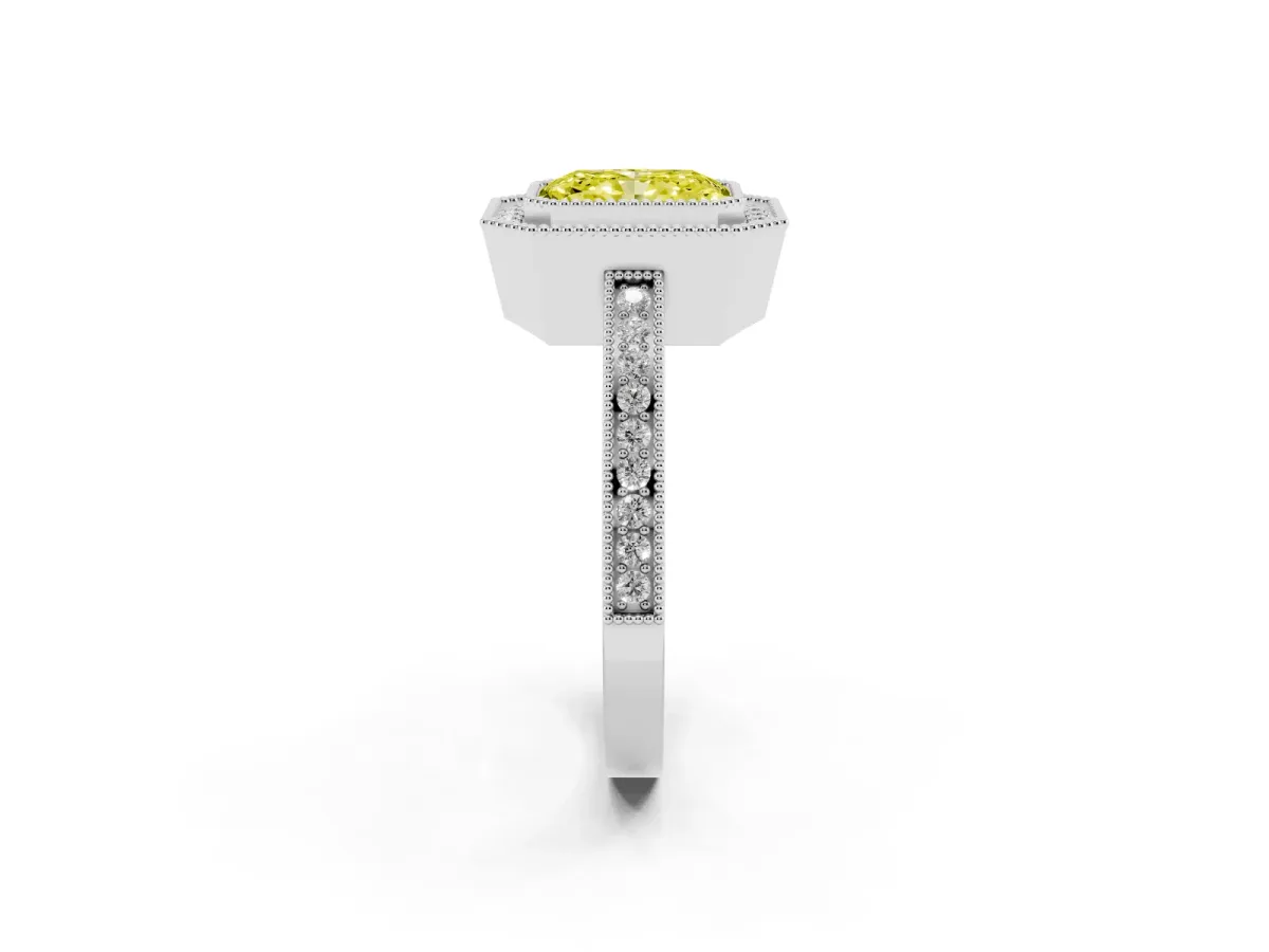 Fancy Yellow Radiant Cut Cut Halo Diamond Ring with Pavé Band and Milgrain Prong Setting Platinum