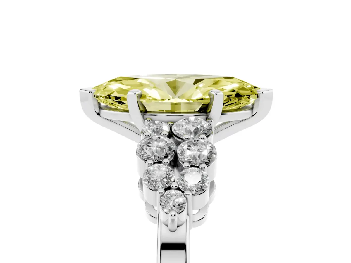 Fancy Yellow Marquise Cut Cluster Diamond Engagement Ring with Pavé Band and Four-Prong Setting Silver