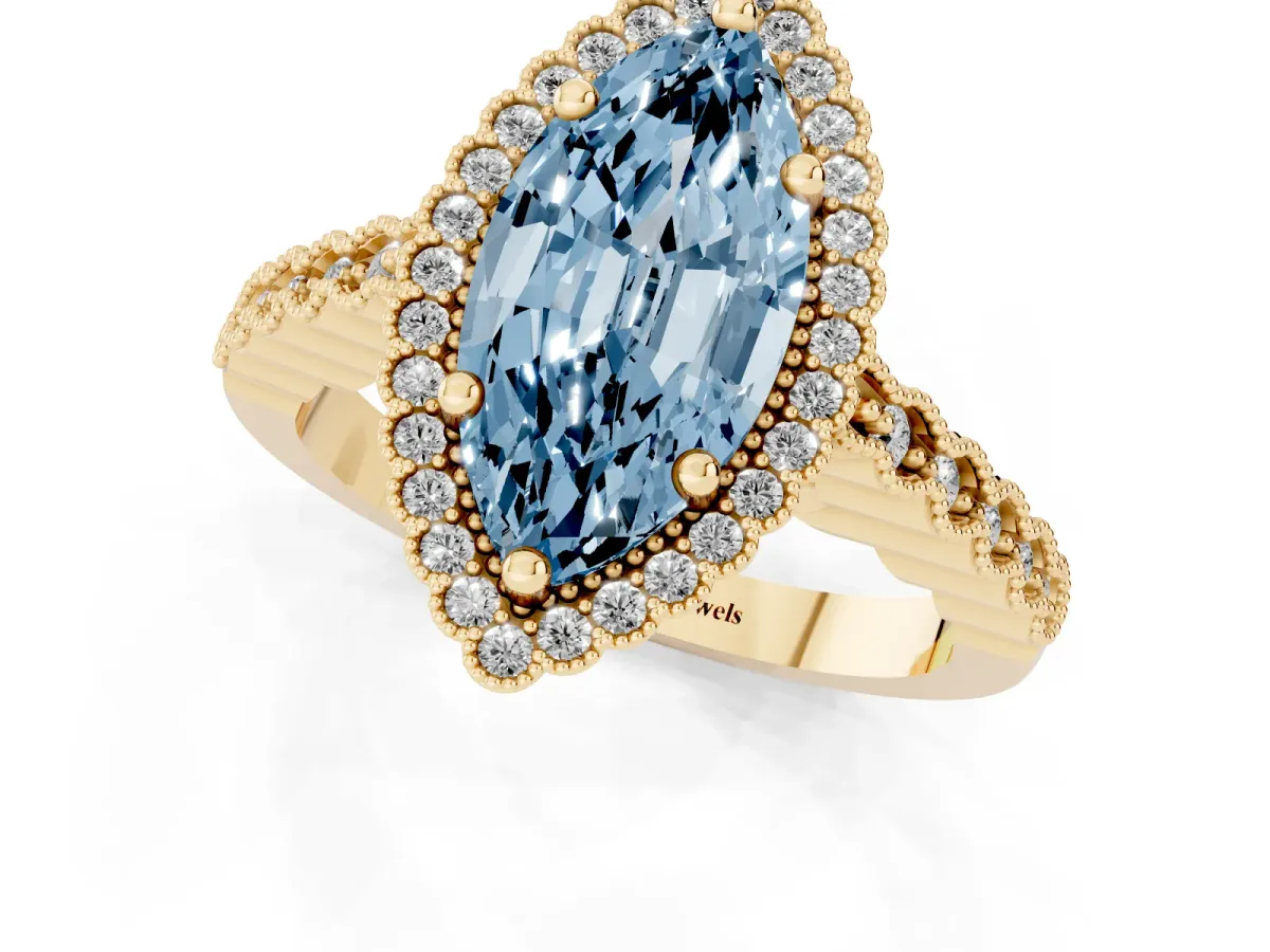 Fancy Blue Marquise Cut Cut Halo Pavé Solitaire Ring with Milgrain Band Yellow gold