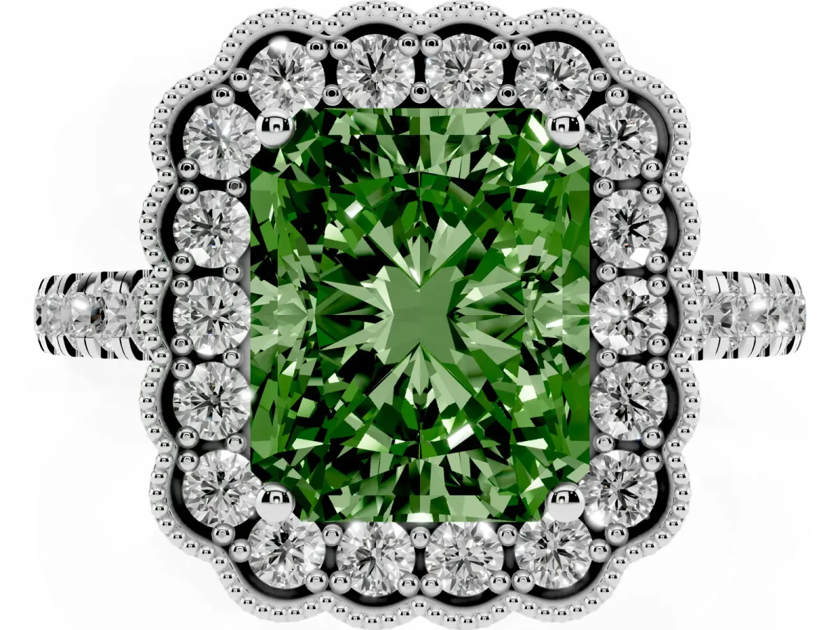 Fancy Green Radiant Cut Cut Diamond Milgrain Floral Halo Engagement Ring with Pavé Band Silver