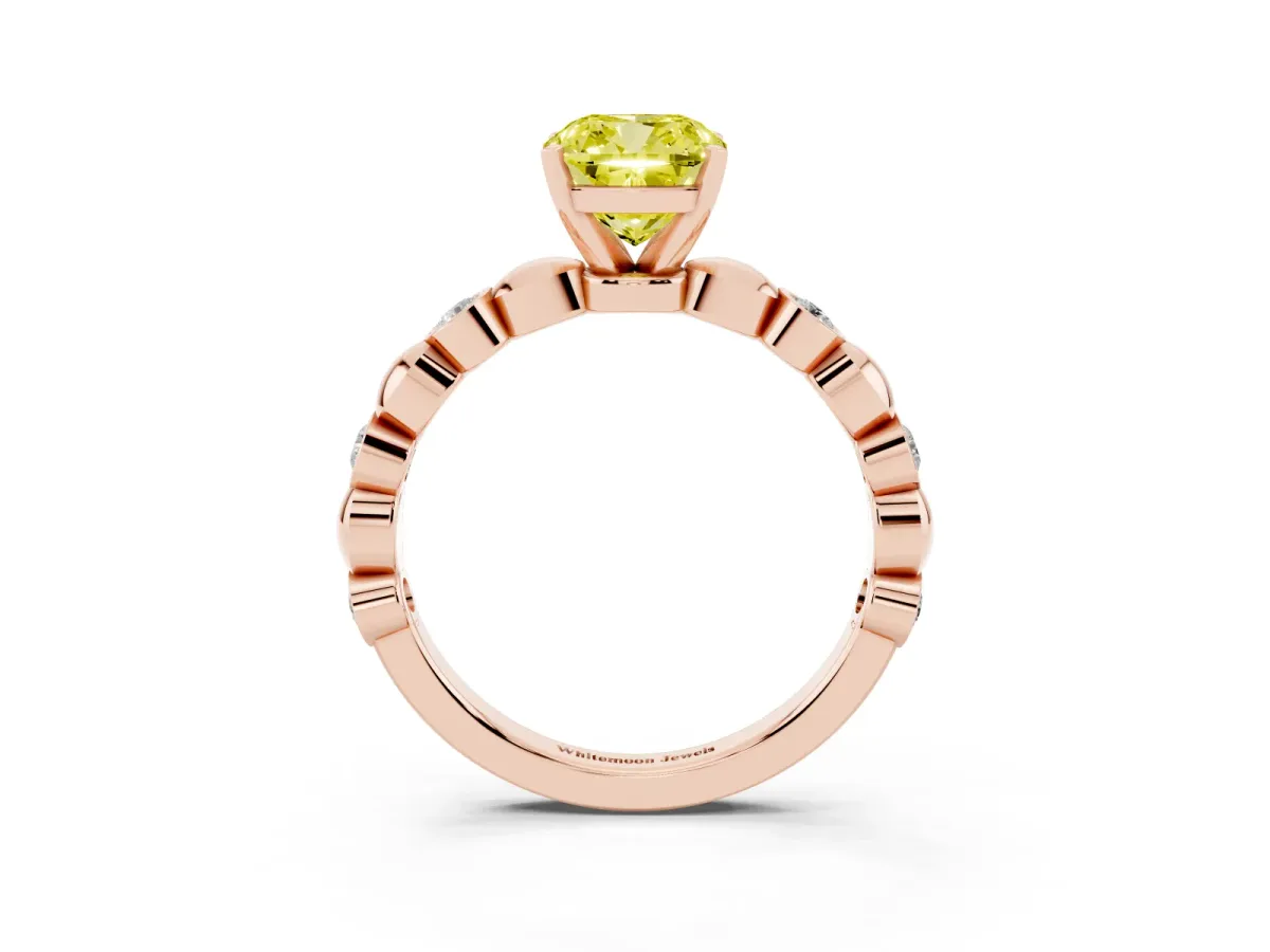 Fancy Yellow Cushion Cut Solitaire Bezel-Set Diamond Ring with Beaded Band and Four-Prong Setting Rose gold