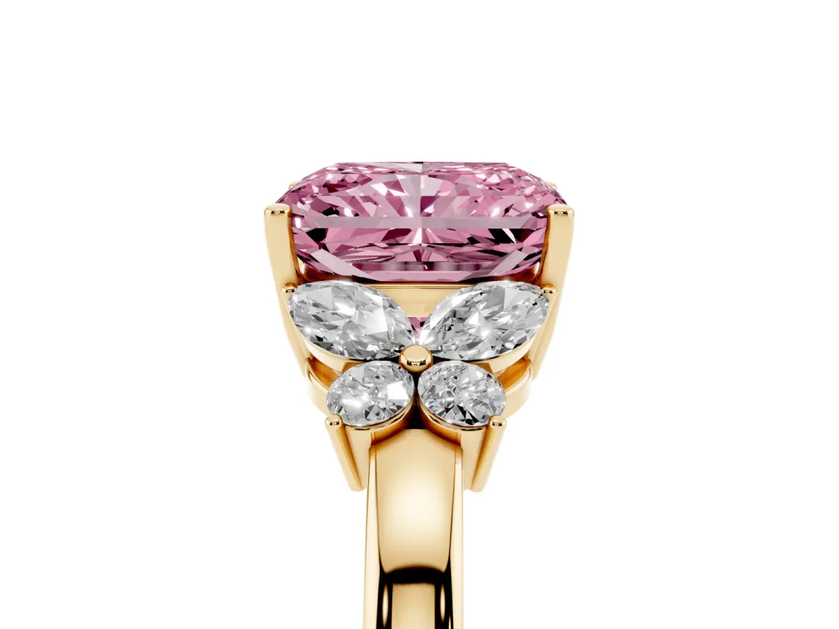 Fancy Pink Radiant Cut Cut Solitaire Floral Diamond Ring with Four-Prong Setting Yellow gold