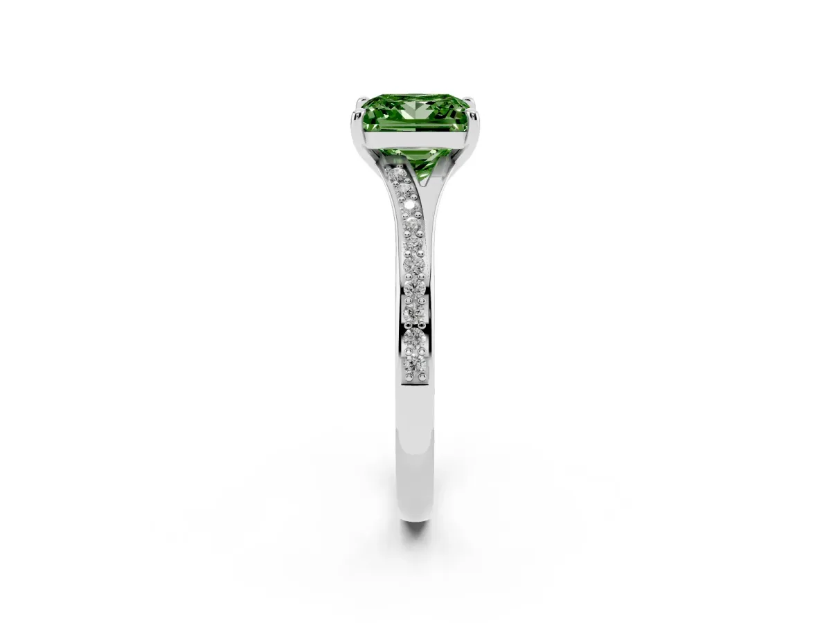 Fancy Green Princess Cut Diamond Solitaire Ring with Pavé Band and Prong Setting Silver