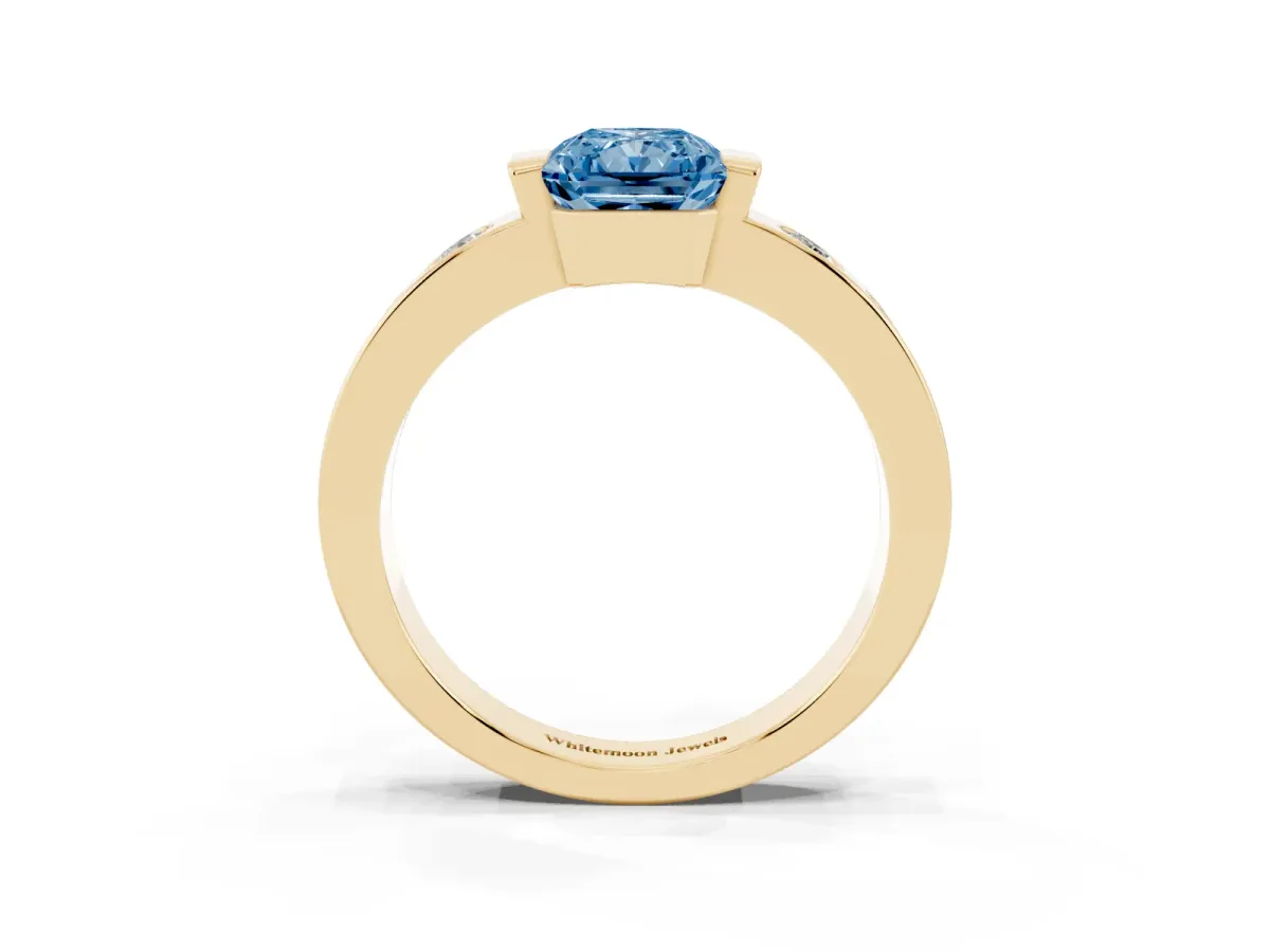 Fancy Blue Radiant Cut Brilliant Channel-Set Diamond Ring with Bezel Prong Setting Yellow gold