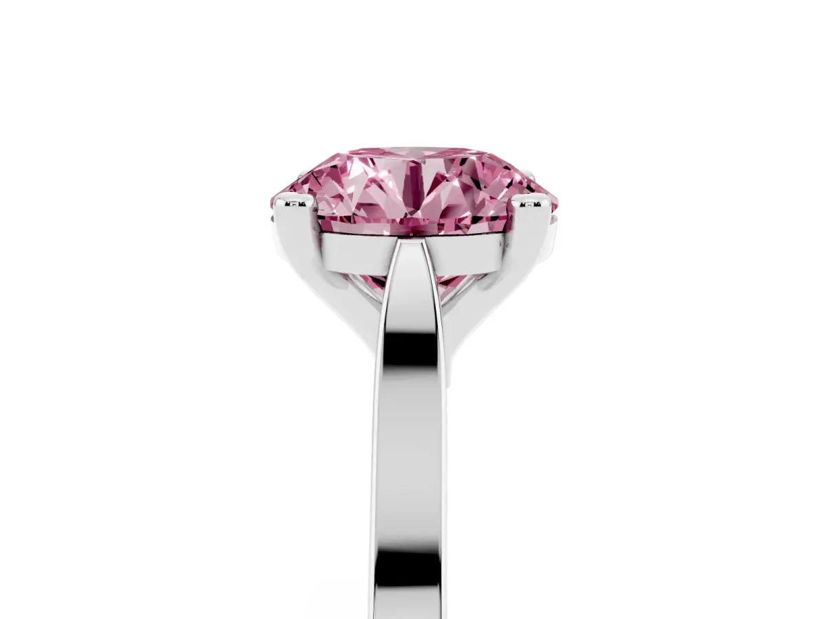 Fancy Pink Round Cut Solitaire Diamond Ring with Four-Prong Setting and Tapered Band Platinum