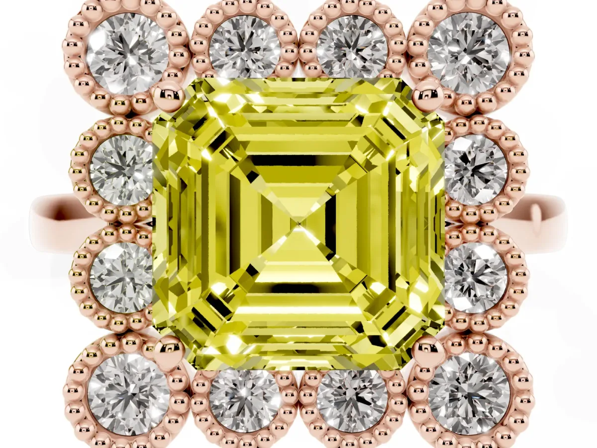 Fancy Yellow Asscher Cut Halo Diamond Cluster Engagement Ring with Milgrain Bezel Setting and Solitaire Band Rose gold