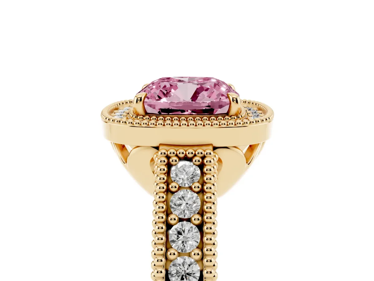 Fancy Pink Cushion Cut Cut Halo Diamond Ring with Pavé Band and Four-Prong Setting Yellow gold