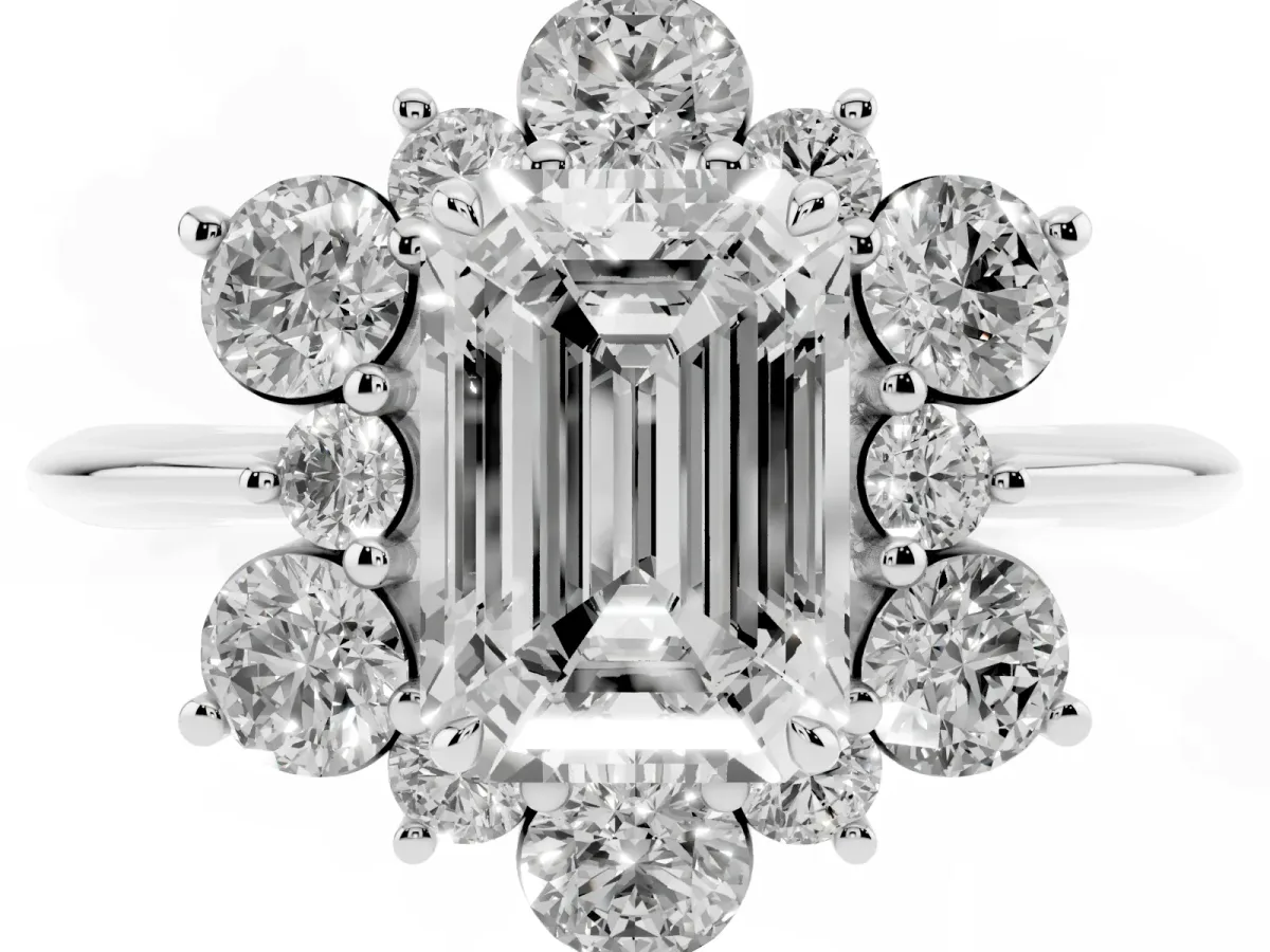 Emerald Cut Diamond Cluster Halo Ring with Solitaire Band and Four-Prong Setting Silver