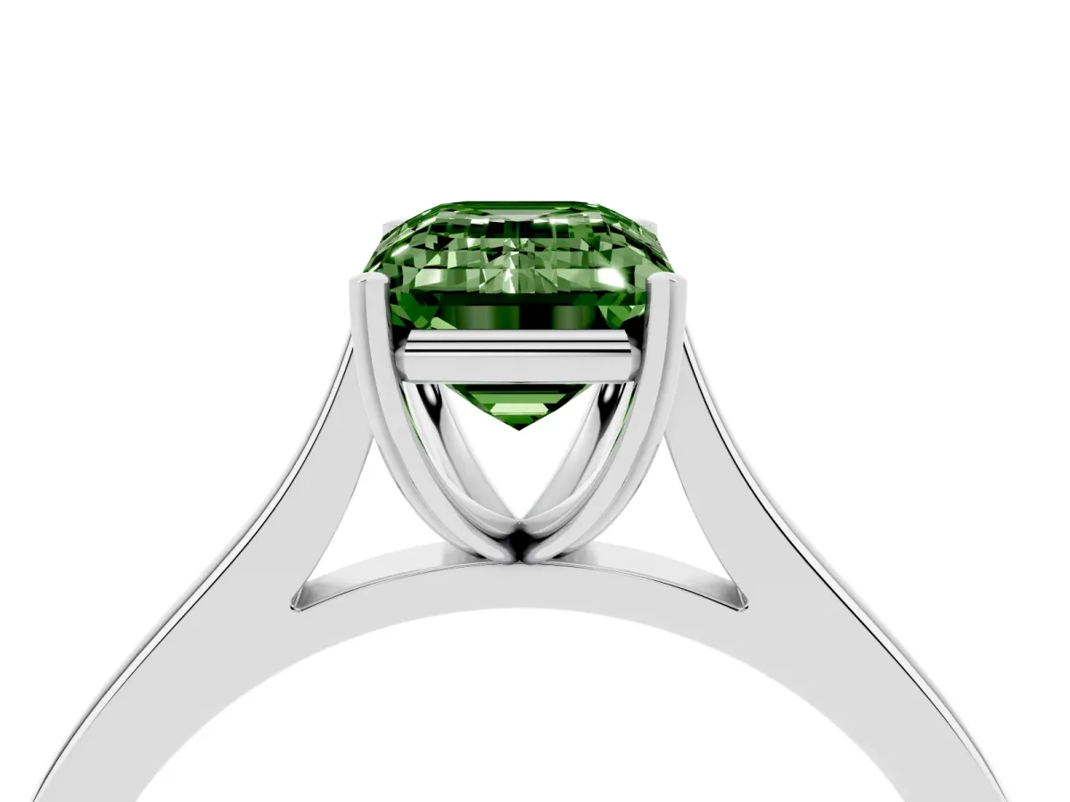 Fancy Green Emerald Cut Solitaire Heart Prong Engagement Ring with Tapered Band White gold
