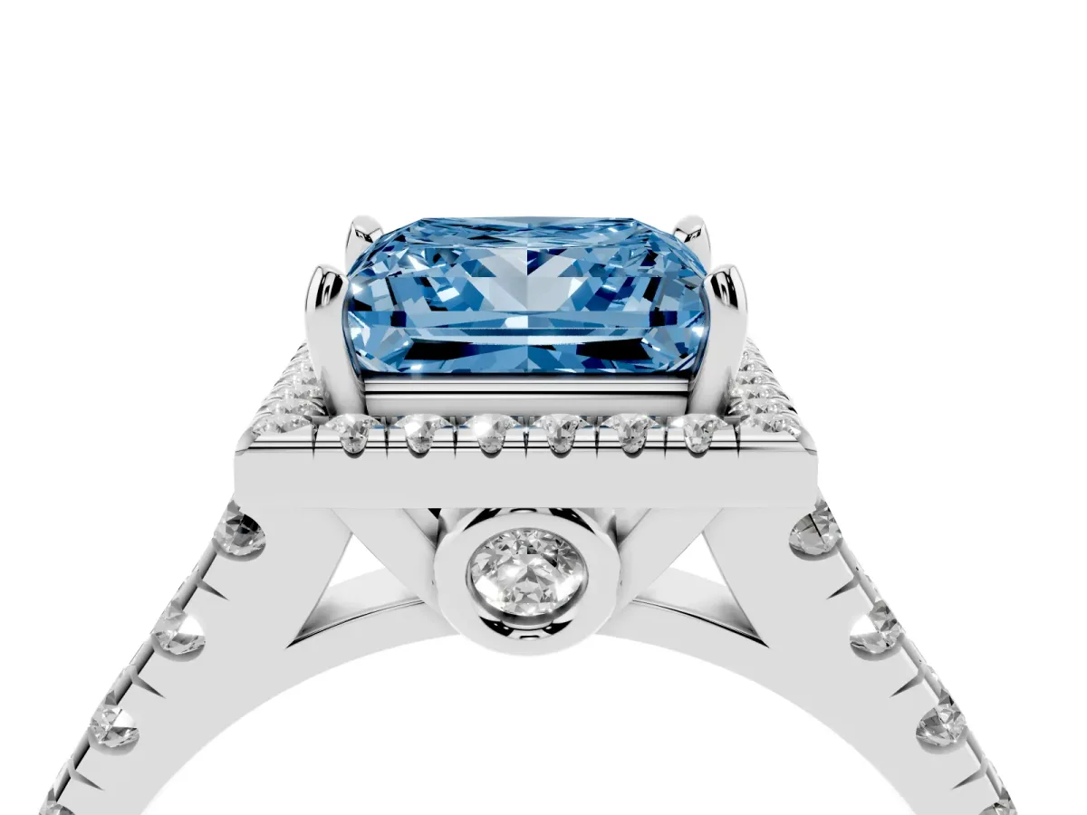 Fancy Blue Princess Cut Halo Pavé Diamond Engagement Ring with Four-Prong Setting Platinum