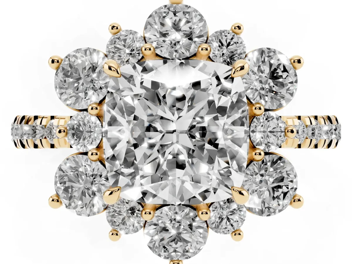 Cushion Cut Diamond Floral Halo Ring with Round Pavé Band and Prong Setting Yellow gold