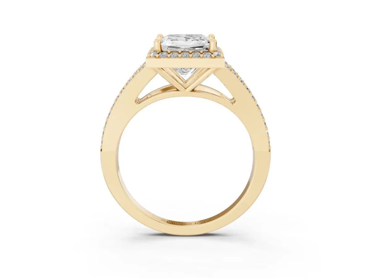 Princess Cut Halo Split Shank Pave Diamond Ring with Four-Prong Setting Yellow gold
