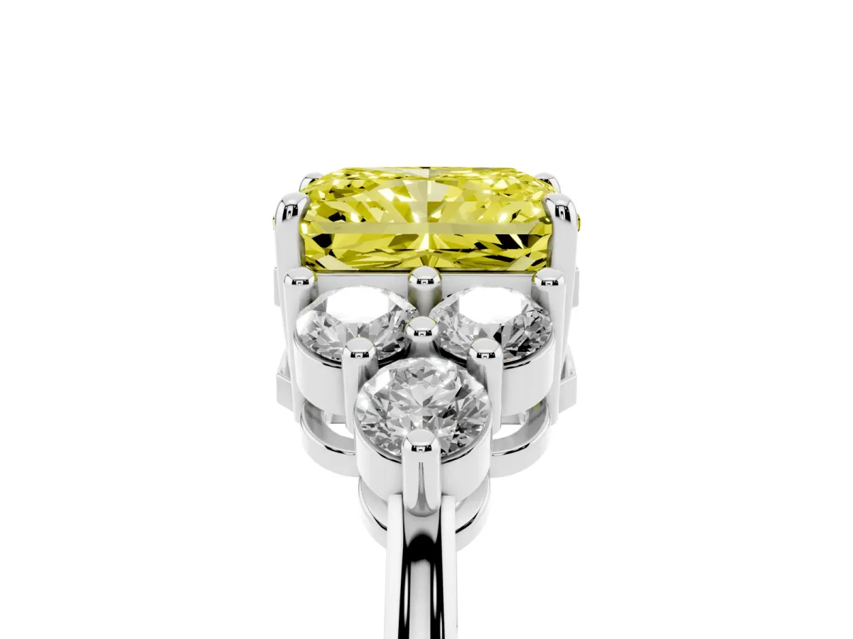 Fancy Yellow Radiant Cut Brilliant Diamond Cluster Accent Solitaire Ring with Prong Setting Platinum