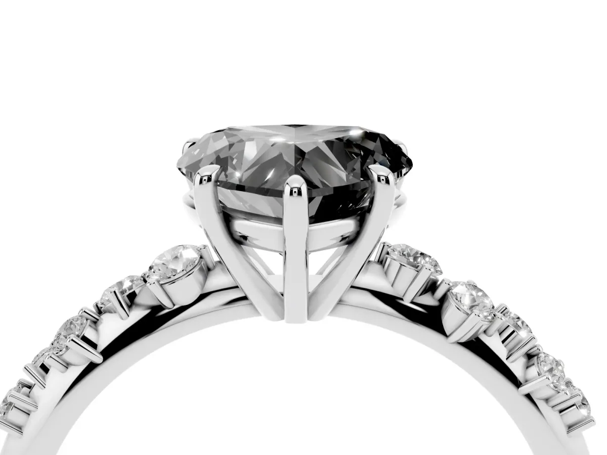 Fancy Black Heart Cut Diamond Cluster Side Stone Solitaire Ring with Prong Setting Silver