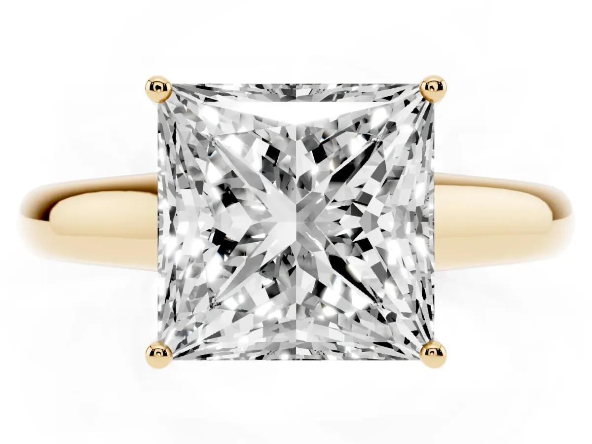 Princess Cut Solitaire Engagement Ring with Tapered Band and Four-Prong Setting Yellow gold