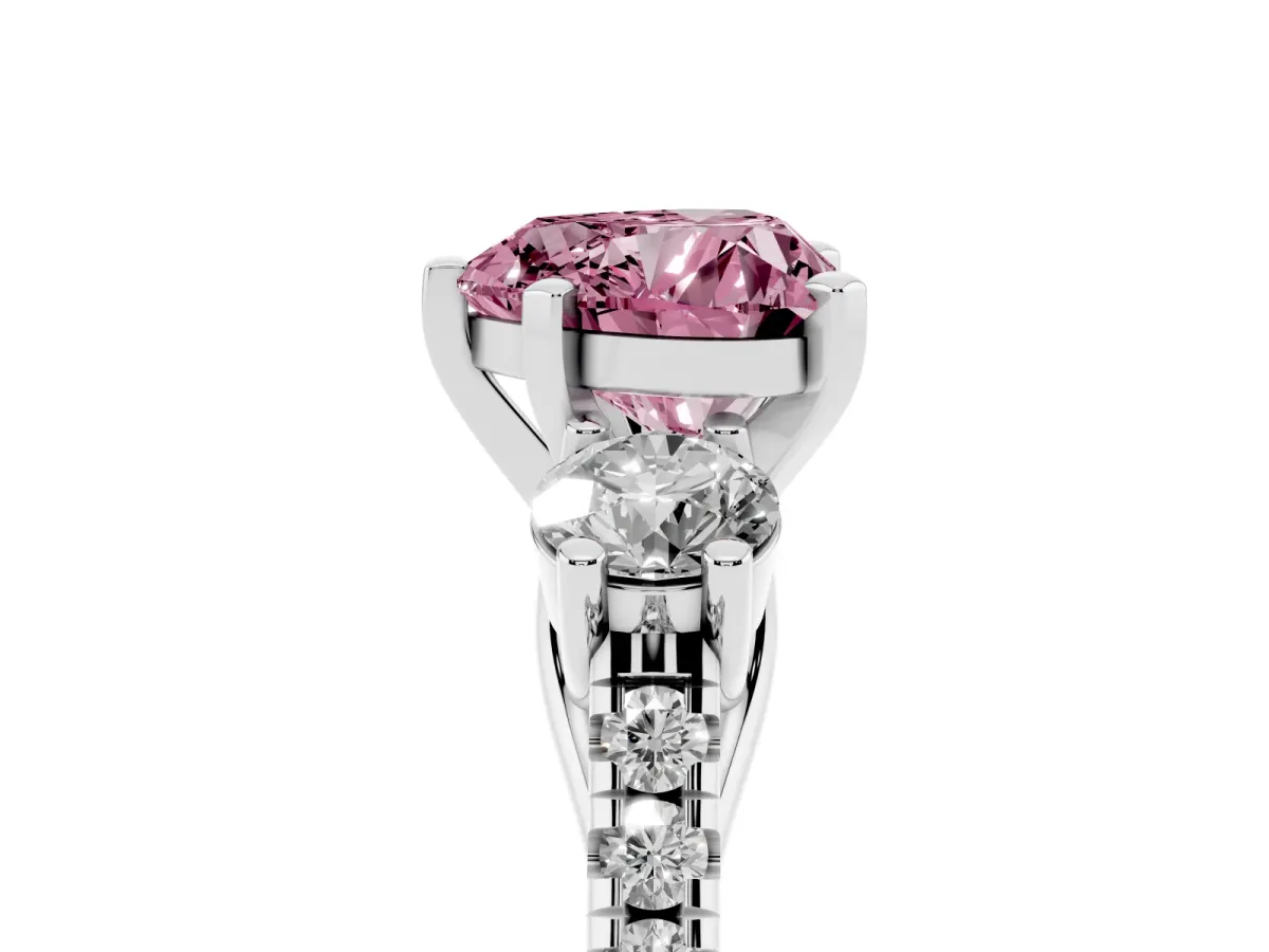 Fancy Pink Three-Stone Heart Cut Diamond Pavé Band with Four-Prong Setting Silver