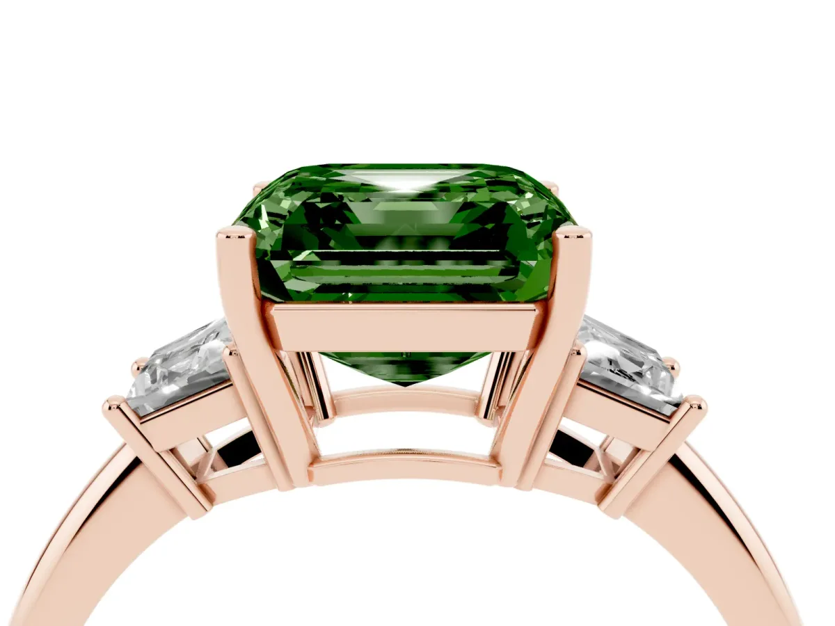 Fancy Green Asscher Cut Diamond Three-Stone Ring with Trapezoid Side Stones and Prong Setting Rose gold