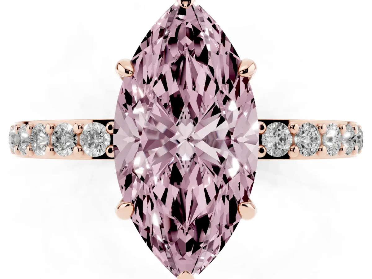 Fancy Pink Marquise Cut Diamond Pavé Engagement Ring with Round Accents and Prong Setting Rose gold