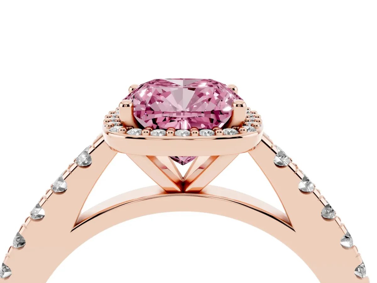 Fancy Pink Cushion Cut Cut Halo Diamond Engagement Ring with Pave Band and Four-Prong Setting Rose gold