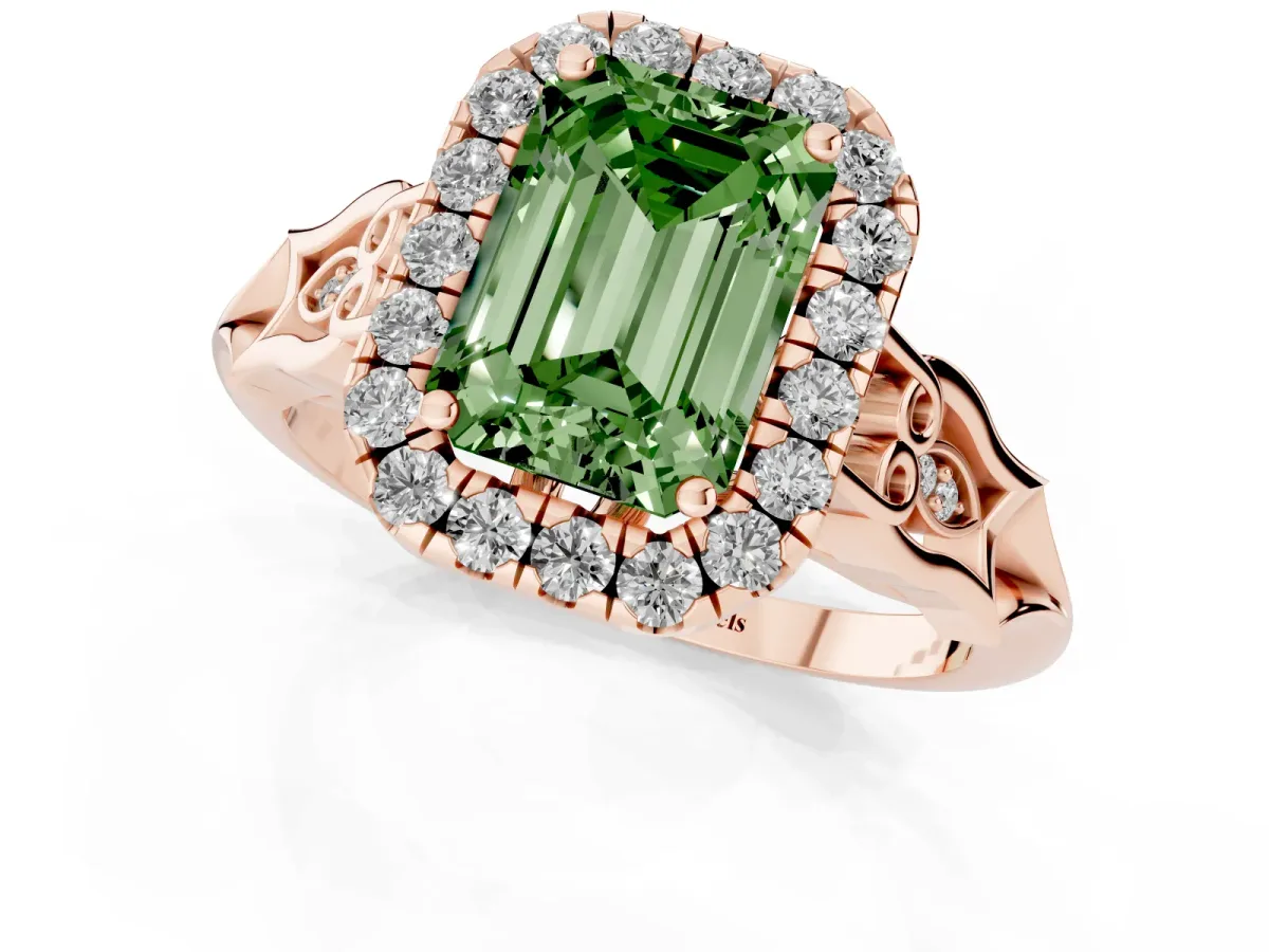 Fancy Green Emerald Cut Halo Diamond Engagement Ring with Filigree Band and Four-Prong Setting Rose gold