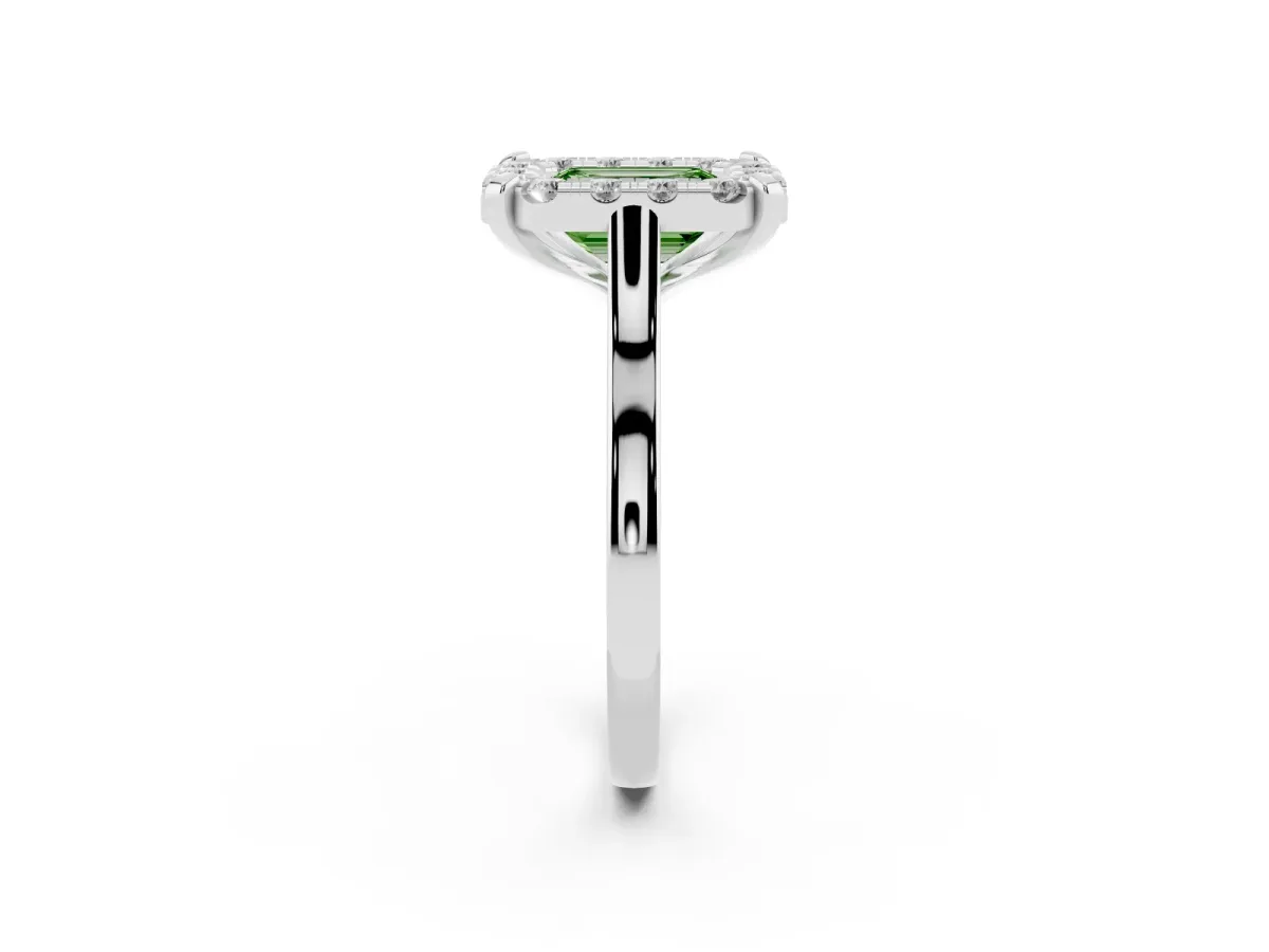 Fancy Green Emerald Cut Diamond Cluster Halo Solitaire with Four-Prong Setting Platinum